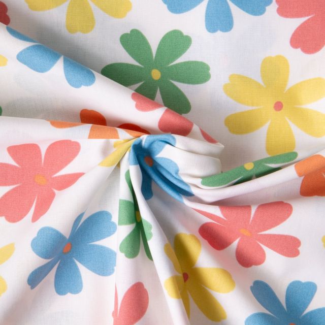 Tissu Coton imprimé Suzon fleurs Multicolores sur fond Ecru