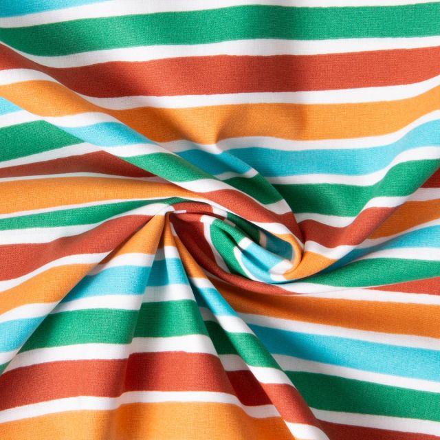 Tissu Coton imprimé Théo rayures Arc-en-ciel sur fond Blanc cassé