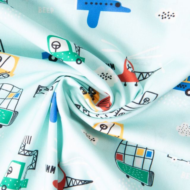 Tissu Coton imprimé Paul véhicules dessinés sur fond Bleu clair