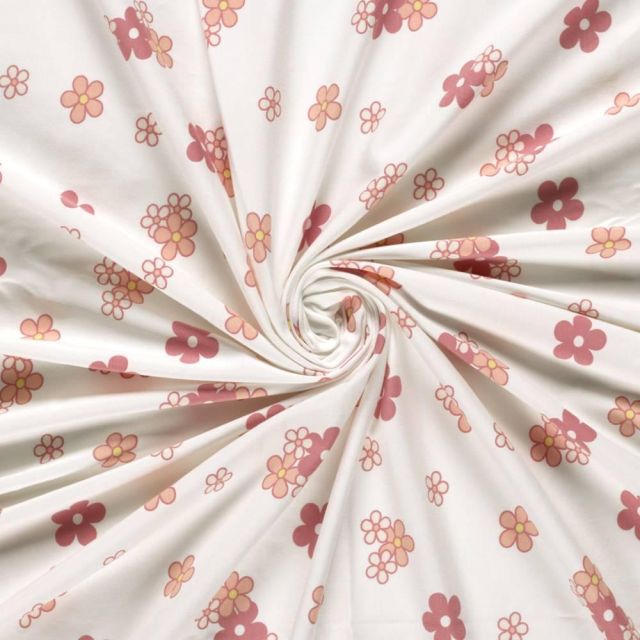 Tissu Jersey Coton imprimé Rosalie Petites fleurs rose pastels sur fond Ecru