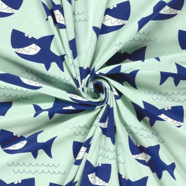 Tissu Jersey Coton imprimé Requins bleus sur fond Bleu azur