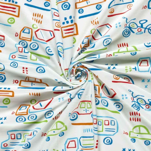 Tissu Jersey Coton imprimé Véhicules multico sur fond Ecru