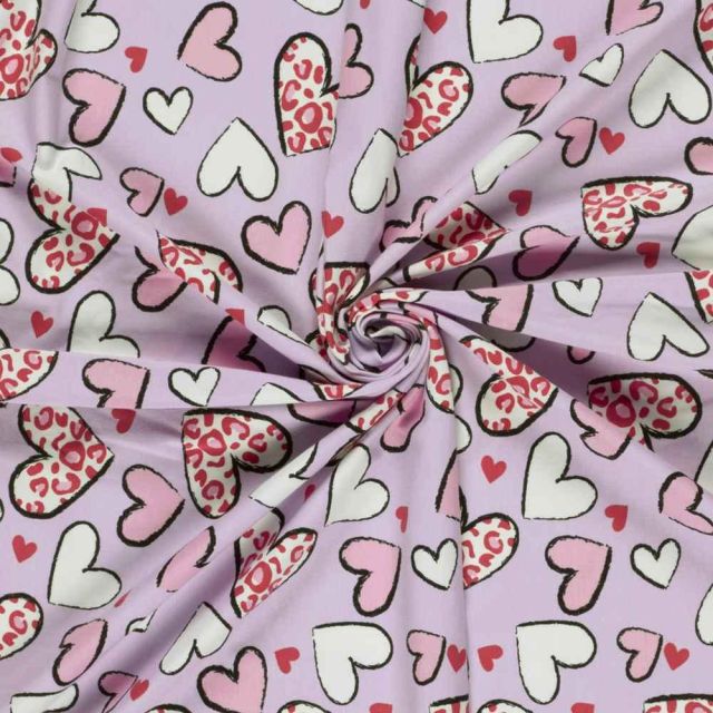 Tissu Jersey Coton imprimé Coeurs léo sur fond Parme