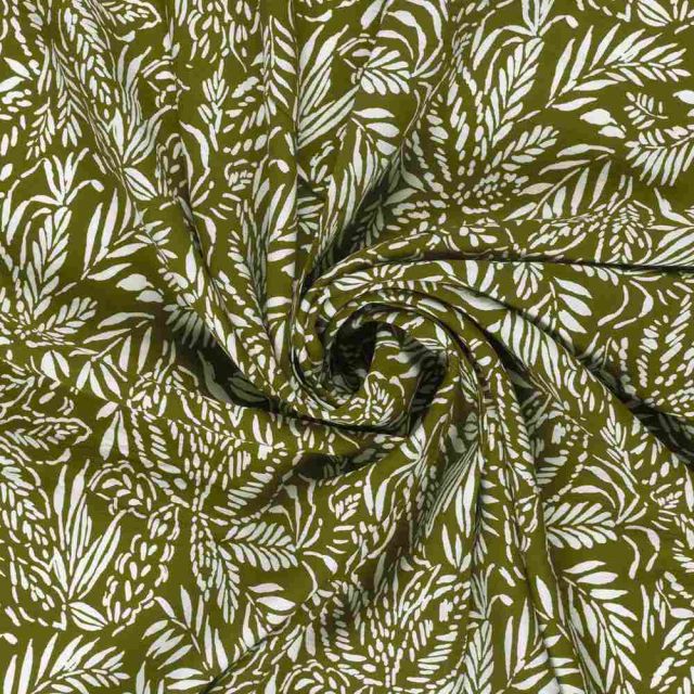 Tissu Crêpe de Viscose Jules feuilles sur fond Vert kaki