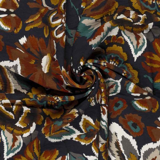 Tissu Crêpe de Viscose Clara fleurs sur fond Bleu marine