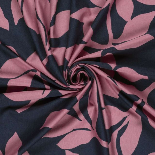 Tissu Jersey Milano Polyviscose grandes fleurs Rose sur fond Bleu nuit
