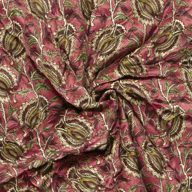 Tissu Velours Matelassé réversible Alya cachemire floral sur fond Rose fuchsia