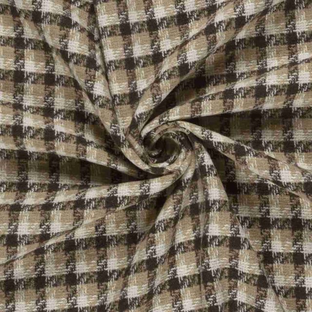 Tissu Jacquard toucher laine damier Beige et Ecru sur fond Marron foncé