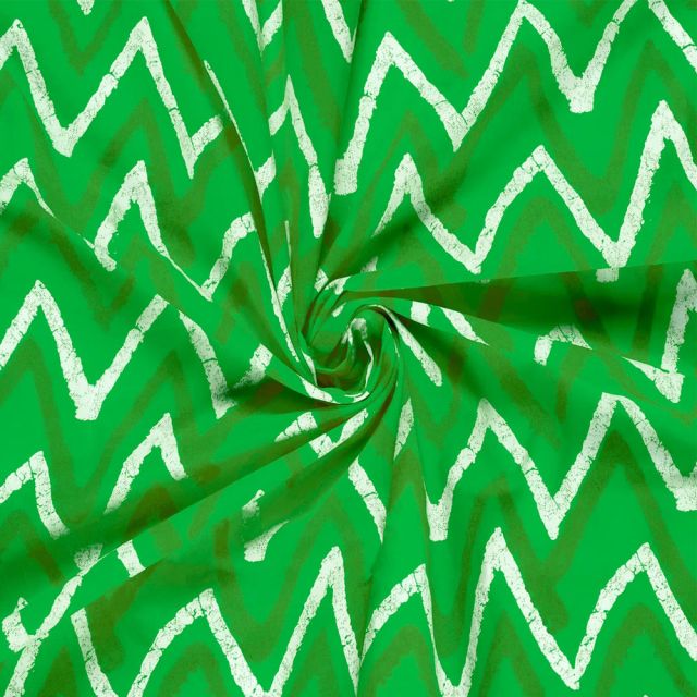 Tissu Voile de Coton Batik Zigzag Blanc sur fond Vert citron