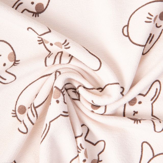 Tissu Jersey French terry Crêpe Noé doudou lapin sur fond Ecru