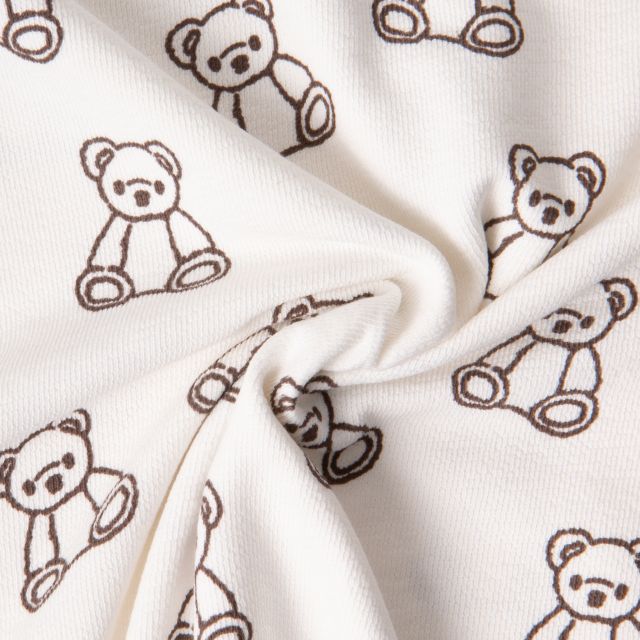 Tissu Maille Jersey Coton Teddy oursons sur fond Ecru