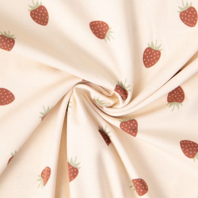 Tissu Jersey Coton imprimé Zoé fraise des bois sur fond Beige