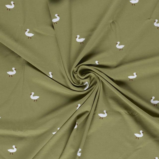 Tissu Jersey Coton imprimé Tom petits canards sur fond Vert olive