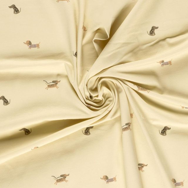Tissu Jersey Coton imprimé Dogs teckel sur fond Beige
