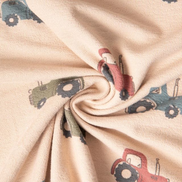 Tissu Maille Jersey Coton Tom tracteurs sur fond Beige