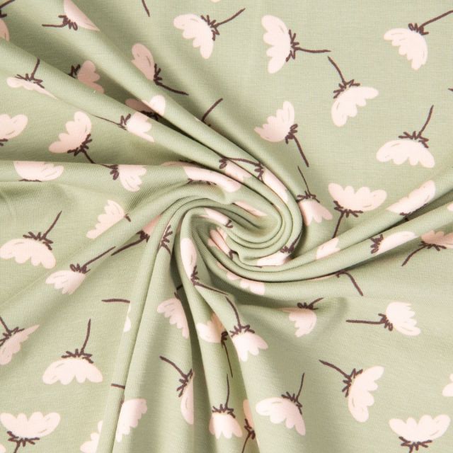 Tissu Jersey Coton imprimé June printanier sur fond Vert kaki clair