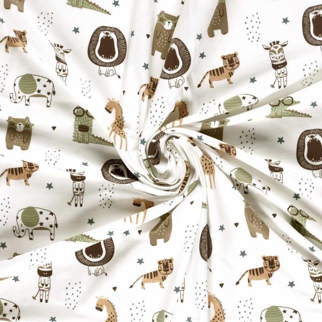 Tissu Jersey Coton imprimé Nina happy jungle sur fond Blanc cassé