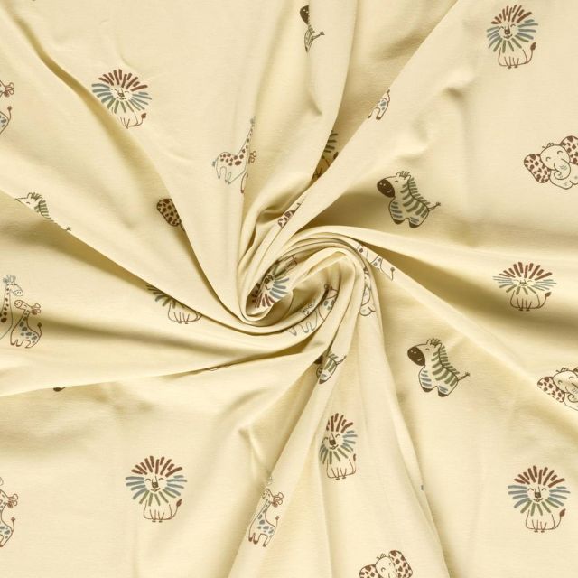 Tissu Jersey Coton imprimé Animaux du zoo sur fond Beige