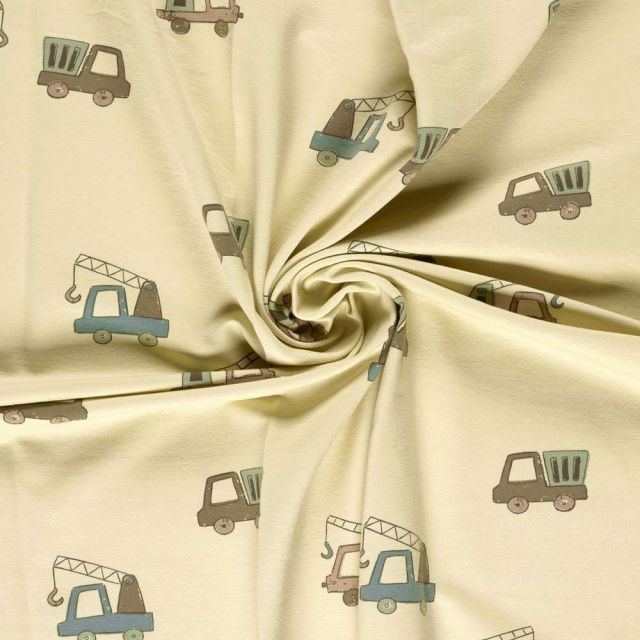 Tissu Sweat léger French Terry Tim petits camion sur fond Beige