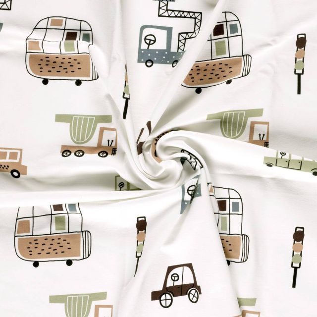 Tissu Sweat léger French Terry Noa cars sur fond Ecru