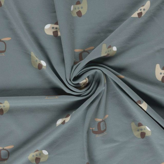 Tissu Sweat léger French Terry Elio airplane sur fond Bleu gris