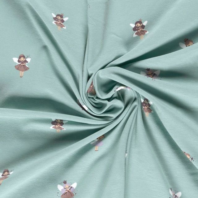 Tissu Jersey Coton imprimé Petites fées sur fond Bleu ciel