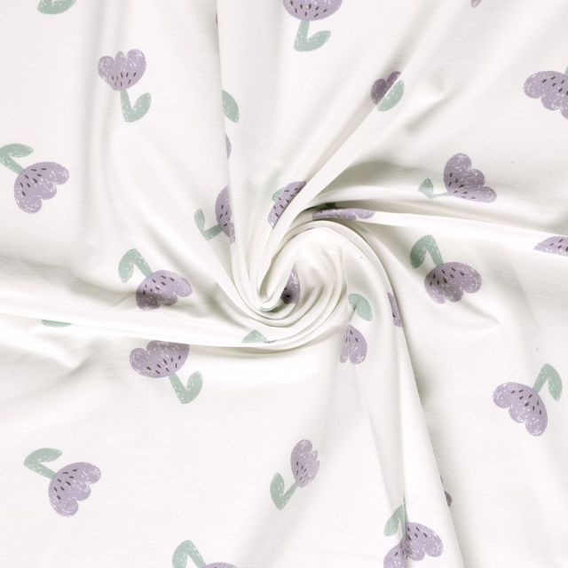 Tissu Sweat léger French Terry Fleurs parme sur fond Blanc cassé