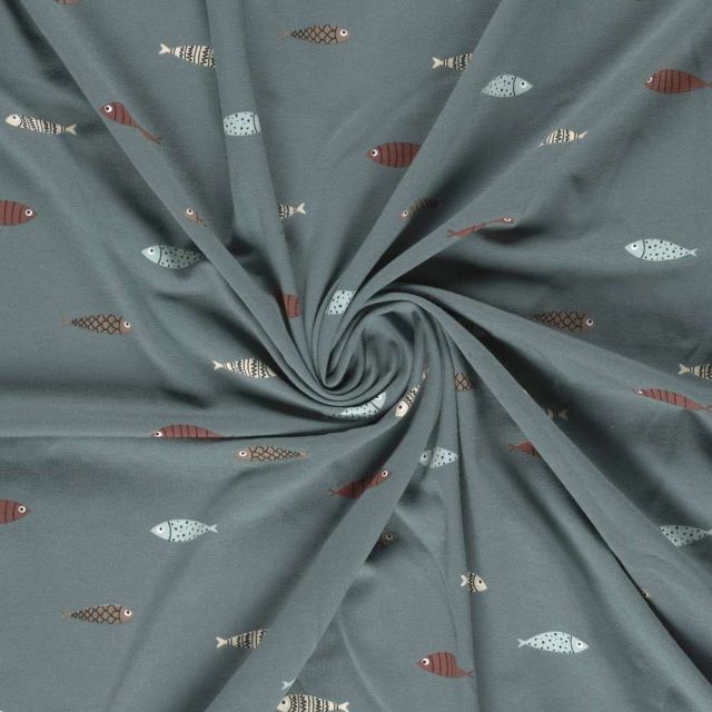 Tissu Jersey Coton imprimé Sardines sur fond Bleu ardoise