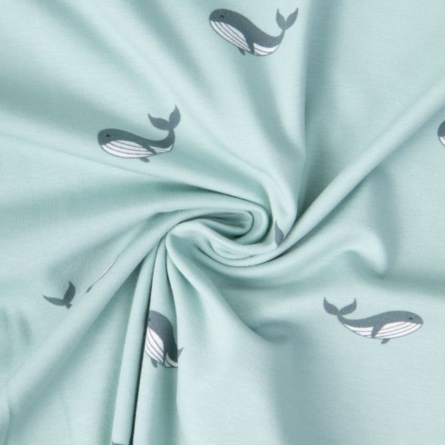 Tissu Jersey Coton Milo baleines sur fond Bleu ciel