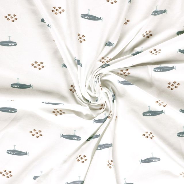 Tissu Jersey Coton imprimé Nino poissons et sous marins sur fond Ecru