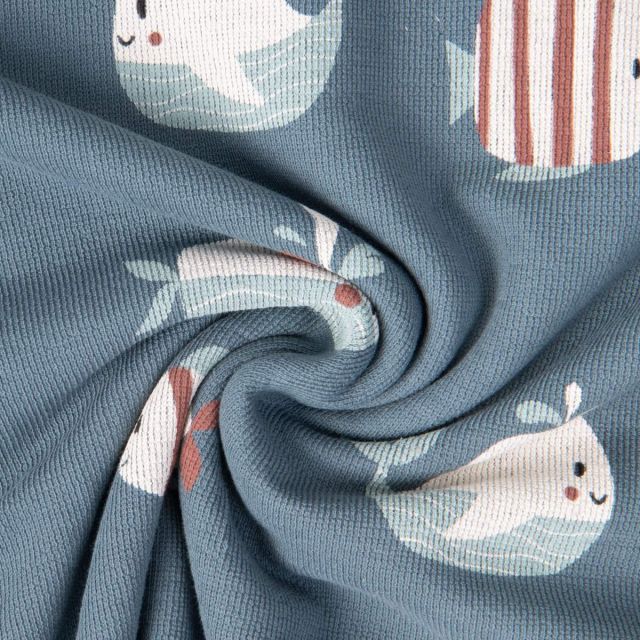 Tissu Jersey French terry Crêpe Némo happy fish sur fond Bleu indigo