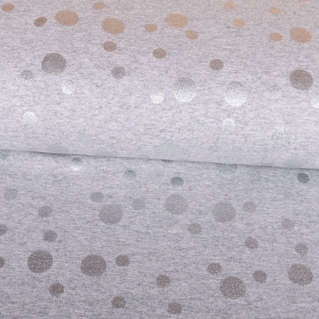 Tissu Jersey Jogging Pois Argentées sur fond Gris clair - Par 10 cm