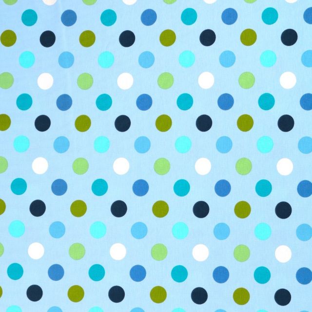 Tissu Jersey Coton Ronds Bleus, verts et blancs sur fond Bleu ciel - Par 10 cm