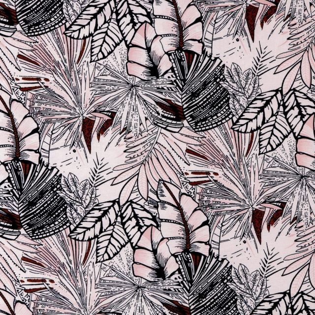 Tissu Jersey Viscose Feuilles Bleu marine et roses sur fond Ecru - Par 10 cm