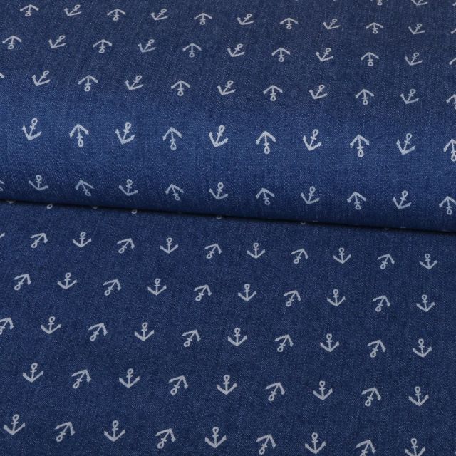 Tissu Chambray Ancres Blanches sur fond Bleu jean - Par 10 cm