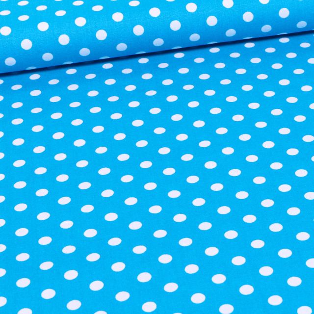 Tissu Coton imprimé Bleu turquoise Pois 8 mm Blancs - Par 10 cm