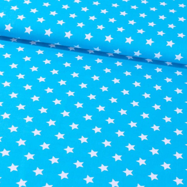 Tissu Coton Imprimé Etoiles 15 mm Blanches sur fond Bleu Turquoise - Par 10 cm