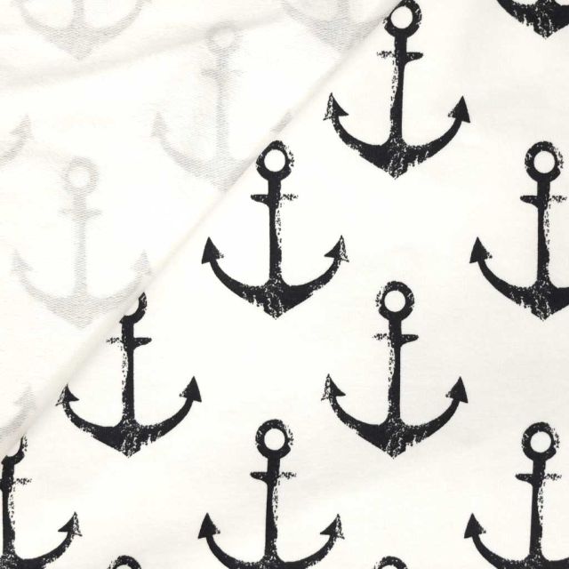 Coupon Tissu Jersey Coton Blanc Ancres bleu marine - Coupon de 20 cm