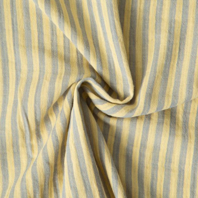 Tissu Double gaze de Coton Gipsy Rayé Bleu baltique sur fond Jaune pastel