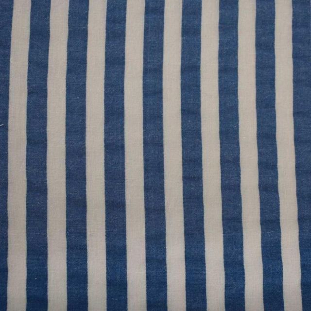 Tissu Coton imprimé Marina rayures Bleues jean sur fond Blanc