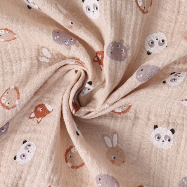 Tissu Double gaze de Coton Animaux Tendres sur fond Beige nougat
