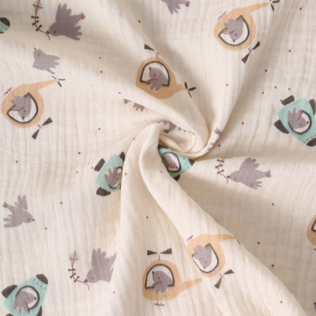 Tissu Double gaze de Coton Birdy Dream petits oiseaux sur fond Ecru