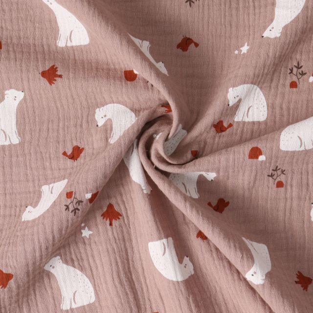 Tissu Double gaze de Coton Petit Nordique ours Blanc sur fond Vieux rose