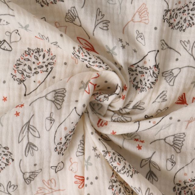 Coupon Tissu Double gaze de Coton Anatole hérissons Noirs sur fond Ecru - Coupon de 50 cm