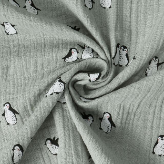 Tissu Double gaze de Coton Polaris pingouins sur fond Vert d'eau