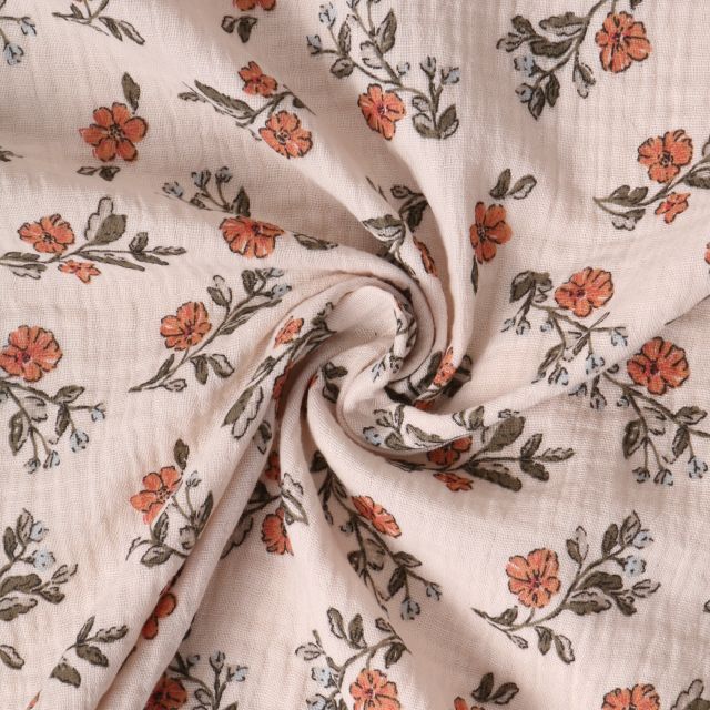 Tissu Double gaze de Coton Maëlysanne fleurs Oranges