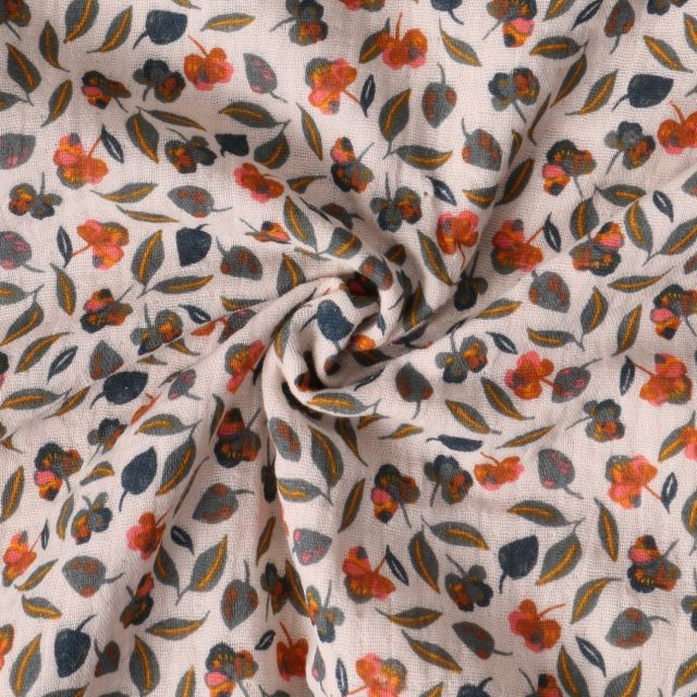 Tissu Double gaze de Coton Camélia fleurs Oranges sur fond Beige