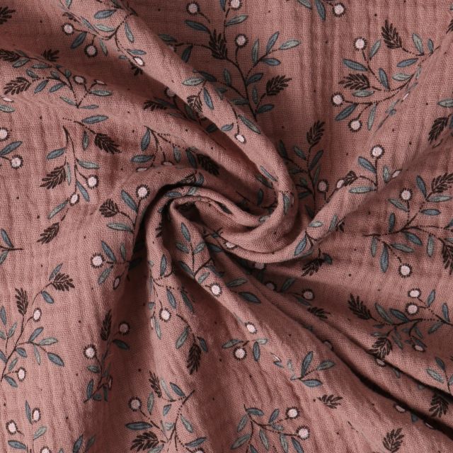 Tissu Double gaze de Coton Aurélie feuillage vert sur fond Brun