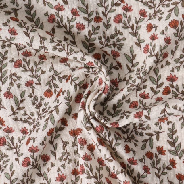 Coupon Tissu Double gaze de Coton Liorine fleurs Rouge brique sur fond Ivoire - Coupon de 40 cm