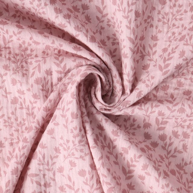 Tissu Double gaze de Coton Aénor fleurs Roses sur fond Rose poudré